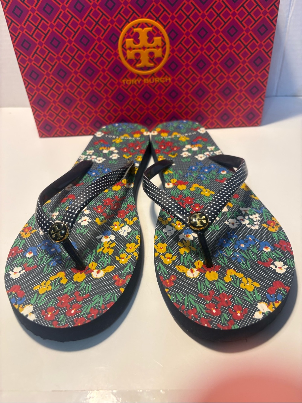Tory Burch Floral Print Black Flip Sandals